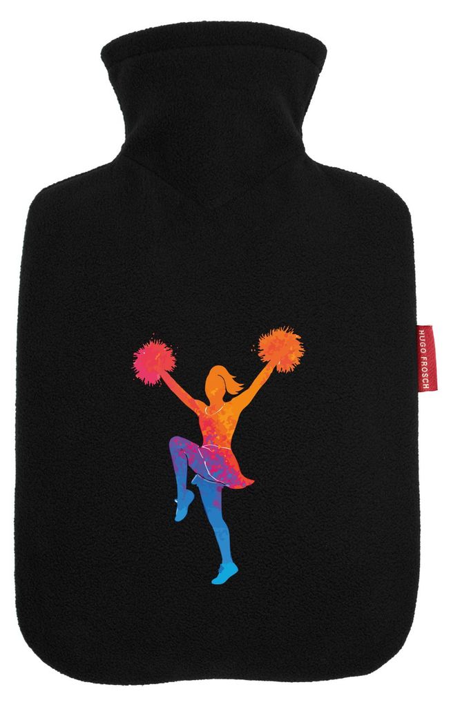 Huuraa Wärmflasche Cheerleading bunte Silhouette 1,8 Liter Black Classic Veloursbezug Bettflasche Geschenkidee