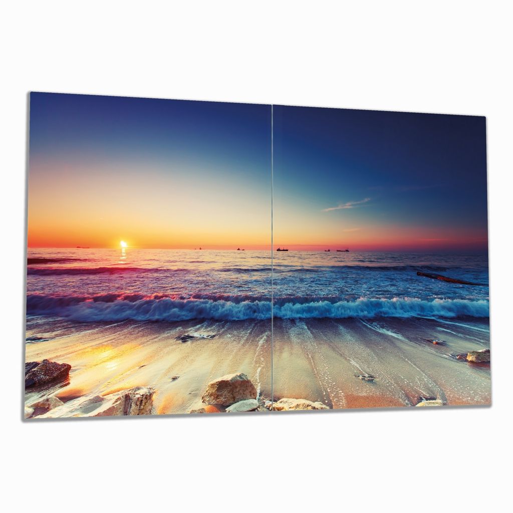 Wallario Herdabdeckplatte aus Glas, Größe 80 x 52 cm 2-teilig, Motiv Sonnenuntergang am Meer mit Wellen am Strand