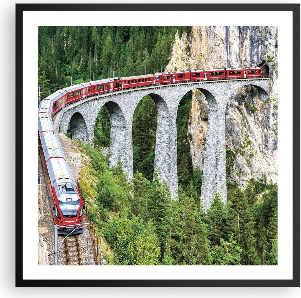 Gerahmtes Poster - Schwarzer Rahmen - Viadukt Landwasser Zug - 60x60 cm - Wand Bild - Wanddeko - Wandbilder - Kunstposter - Wandposter - Bilderrahm...