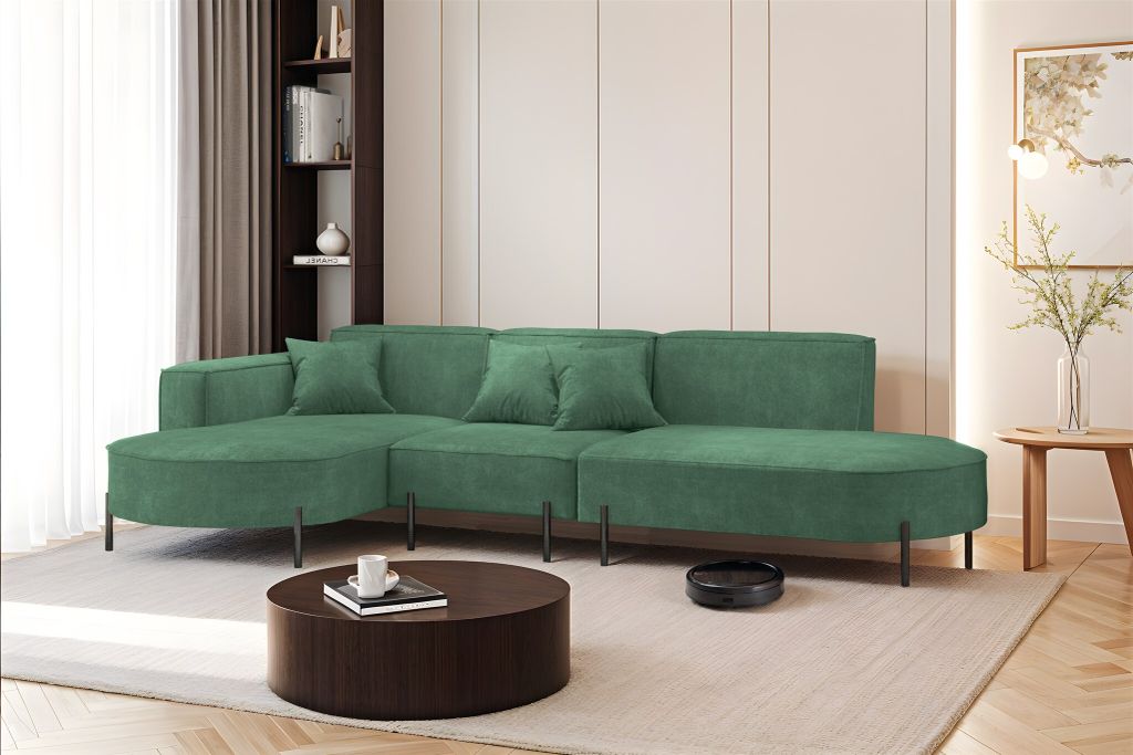 Ecksofa Designersofa VALENCIA in Stoff Noel Grün Ottomane Links