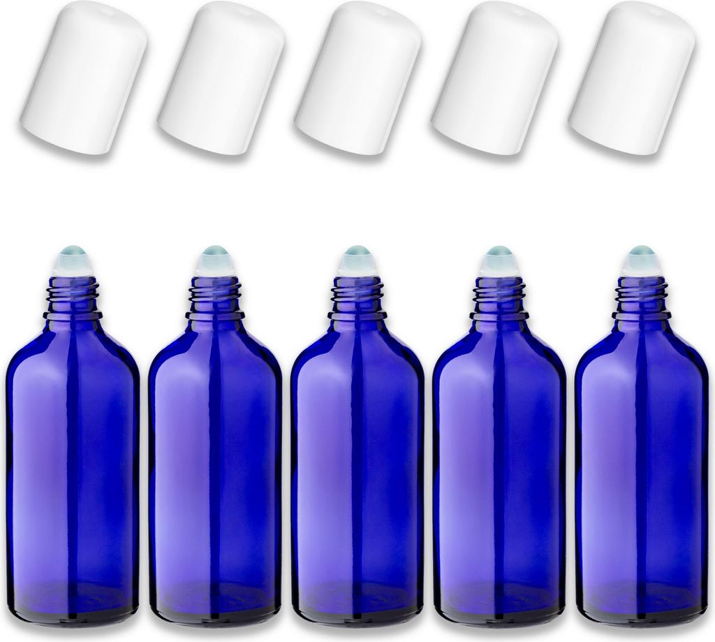 5x Blaue Glasflasche 100 ml Roll-On mit weißem Verschluss – Kosmetikflasche
