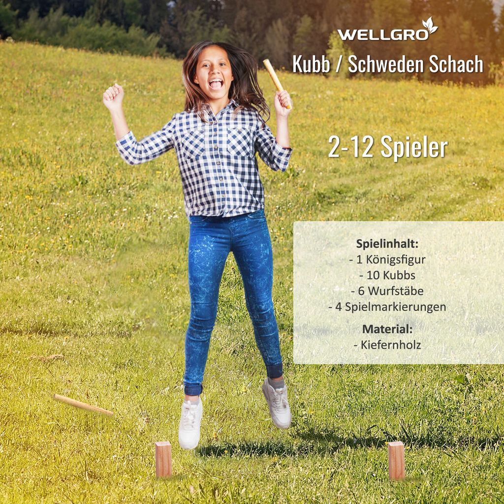 WELLGRO XL Kubb Spiel - 2-12 Spieler, massiv Holz, roter Produktbild 5