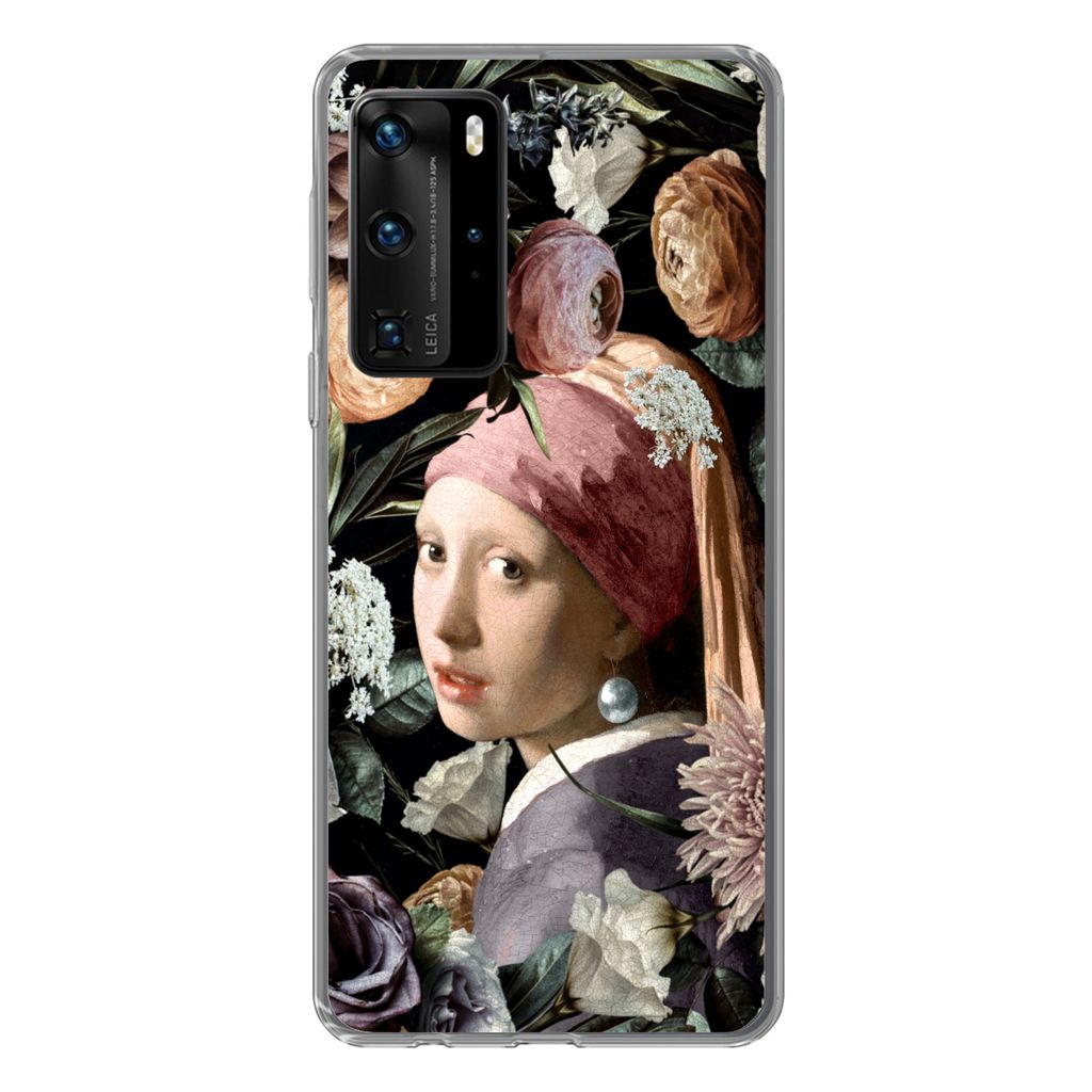 MuchoWow Handyhülle Schutzhülle Hülle für Huawei P40 Pro Mädchen mit Perlenohrring - Blumen - Vermeer - Pastell - Kunstwerk - Gemälde - Alt...
