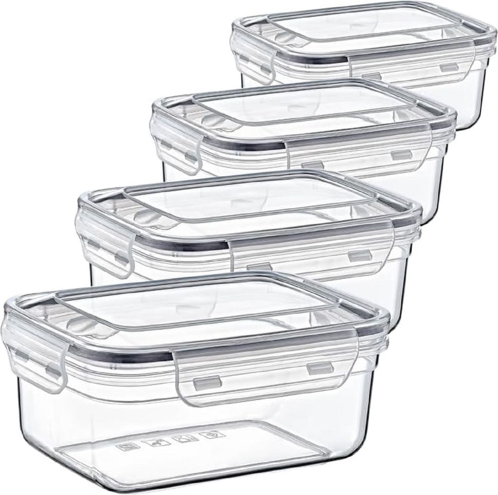 Four clear plastic food storage containers stacked diagonally on a white background.
