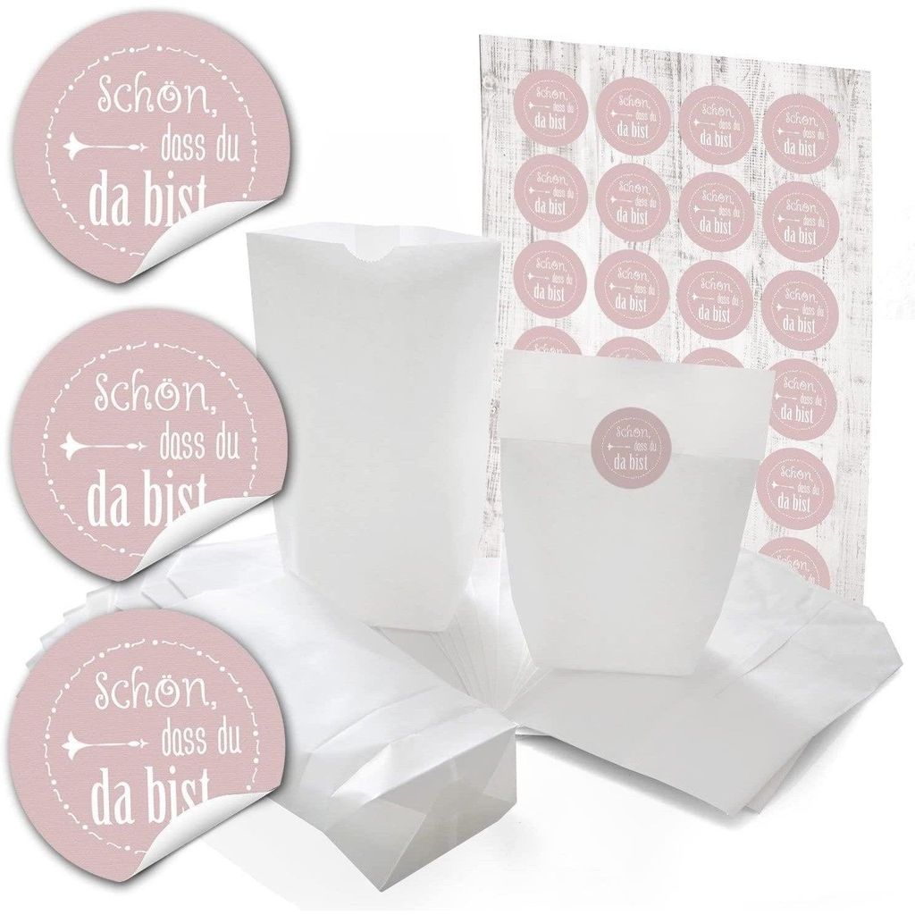 24 kleine weiße Papiertüten mit Boden Papier-Beutel give-away Tüten 14 x 22 x 5,6 cm + 24 runde Aufkleber Sticker SCHÖN DASS DU DA BIST in grau...