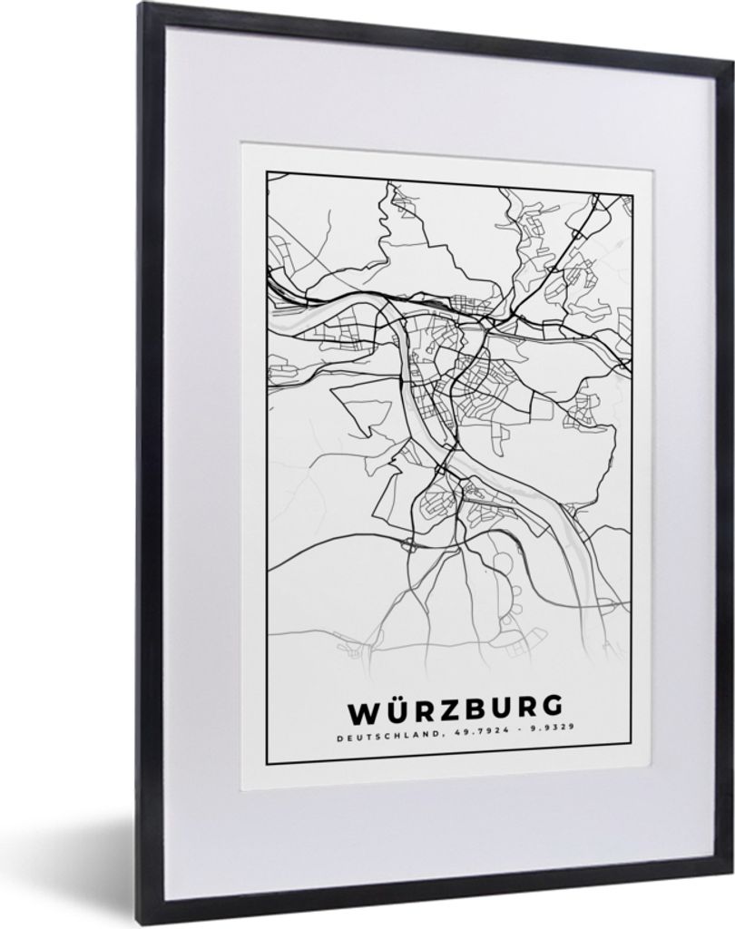 MuchoWow Gerahmtes Poster Würzburg - Karte - Stadtplan - Wegbeschreibung 30x40 cm - Poster mit Schwarzem Bilderrahmen Wandposter Rahmen Foto Bil...