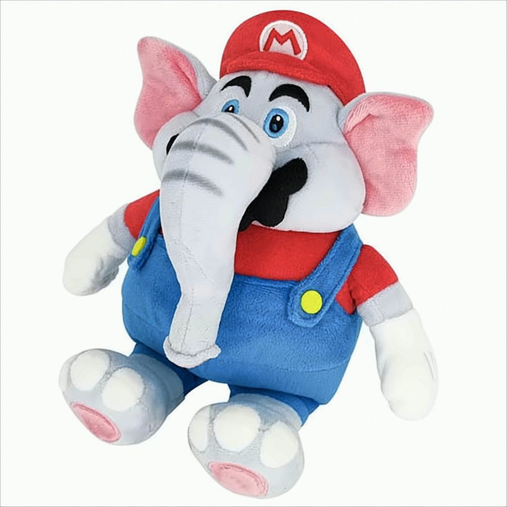 A plush toy elephant dressed as Super Mario.