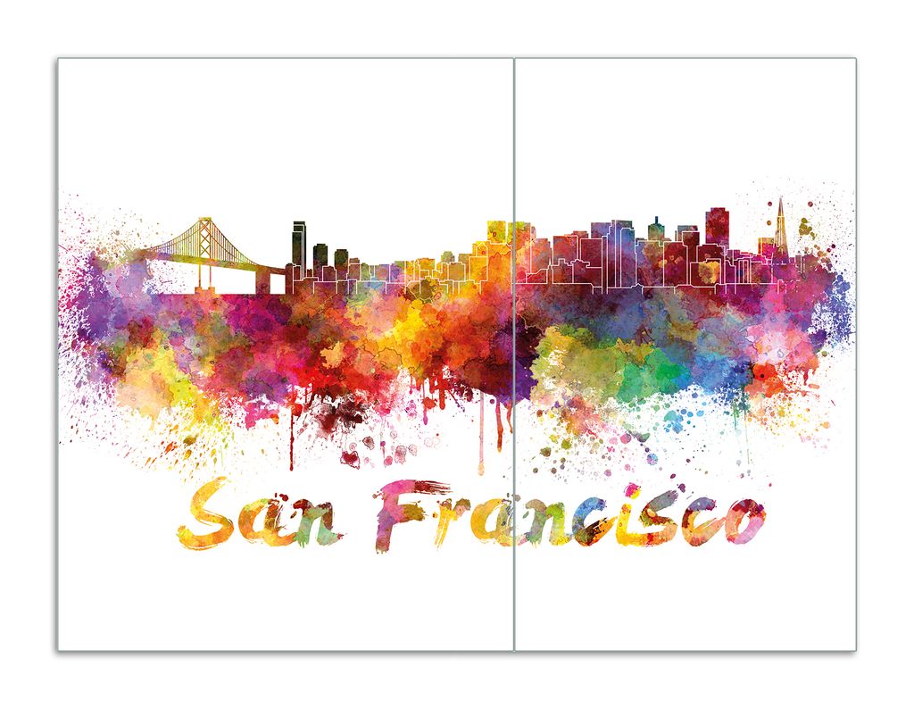 Wallario Herdabdeckplatte aus Glas, Größe 70 x 52 cm 2-teilig, Motiv Städte als Aquarell - Skyline von San Francisco