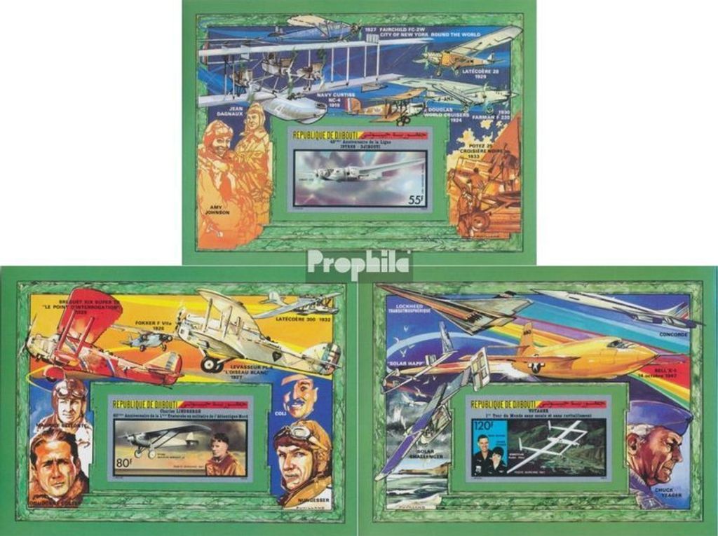 Briefmarken Dschibuti 1987 Mi Block133B-Block135B (kompl.Ausg.) postfrisch Jahrestage der Fliegerei