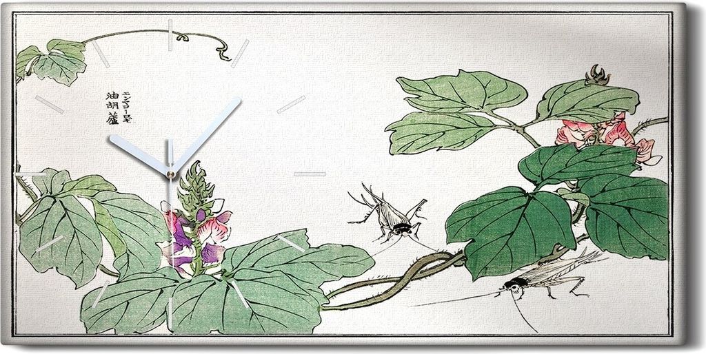 Wanduhr Bürouhr Leinwand Bild 60x30 Malerei Asiatische Blüten Blätter Insekten - weiße Hände