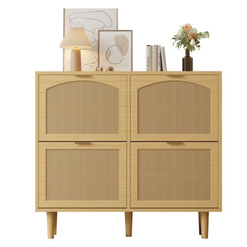 AIORBER Schuhschrank mit 4 Klappschubladen, schmaler Schuhkipper in Eiche-Optik mit Rattanfront, Metallgriffe, 100×25×90 cm Light Oak