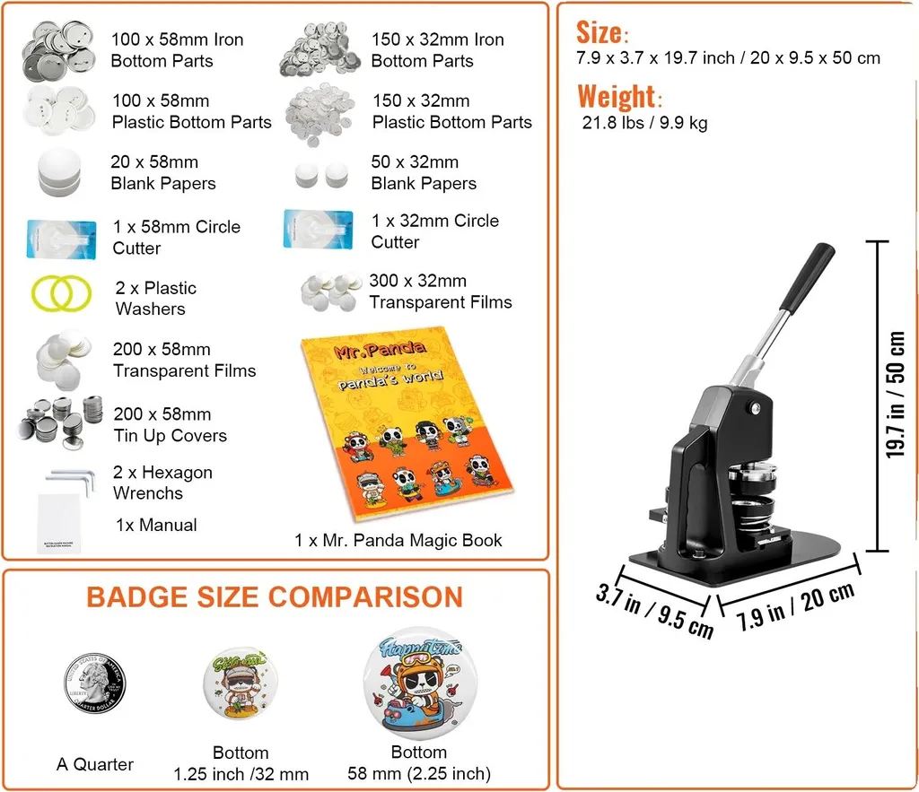 Machine à badges manuelle avec moules de 32 et 58mm et 500 accessoires