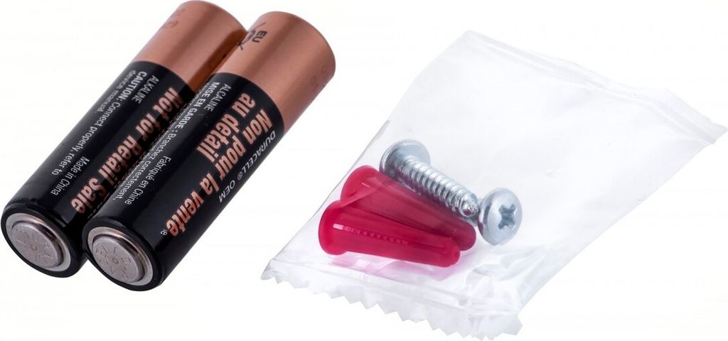 Two batteries and a small plastic bag containing a screw and two red wall anchors.