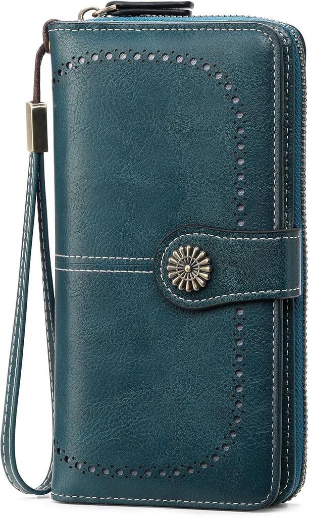 Geldbörse Damen RFID Schutz Groß Leder Portemonnaie Frauen Lang Geldbeutel Große Kapazität mit 13 Kartenfächern & Abnehmbarer Handschlaufe