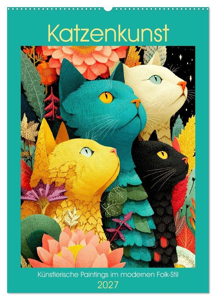 Katzenkunst. Künstlerische Paintings im modernen Folk-Stil (Wandkalender 2027 DIN A2 hoch), CALVENDO Monatskalender