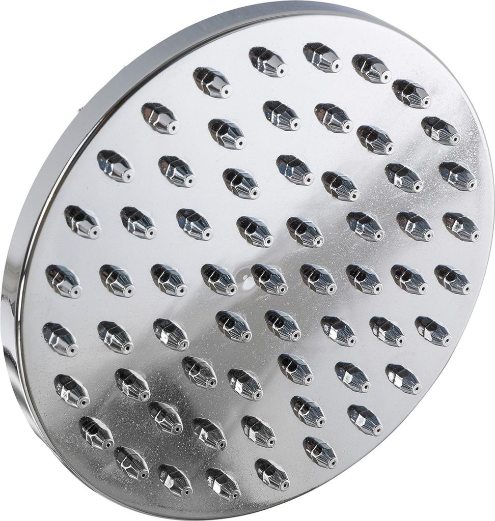 A close-up, angled view of a round shower head with multiple spray nozzles.
