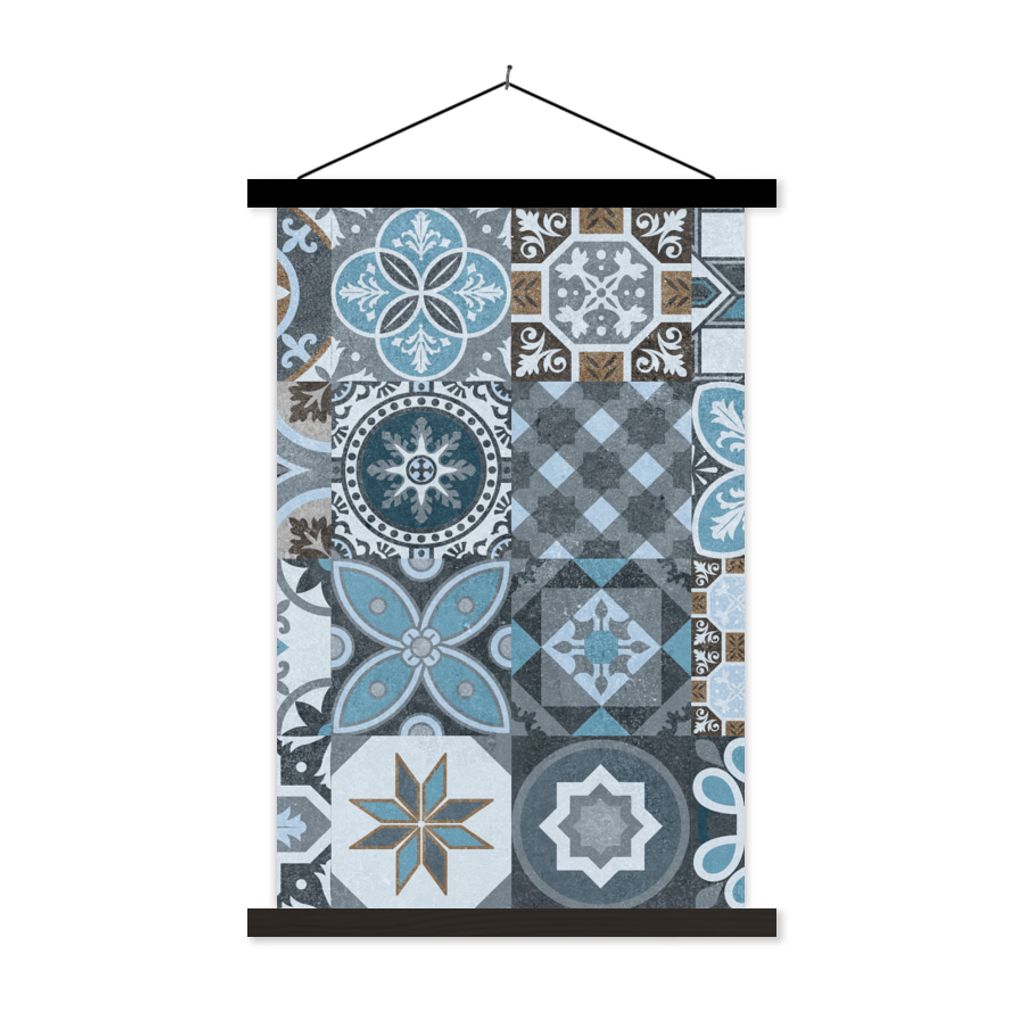 MuchoWow Textilposter Design - Blume - Blau - Figuren 120x180 cm mit schwarzem Rahmen - Fotos