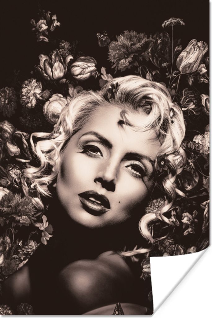 MuchoWow Poster Frau - Blumen - Schwarz - Weiß 40x60 cm - Plakate für die Wand - Poster Babyzimmer