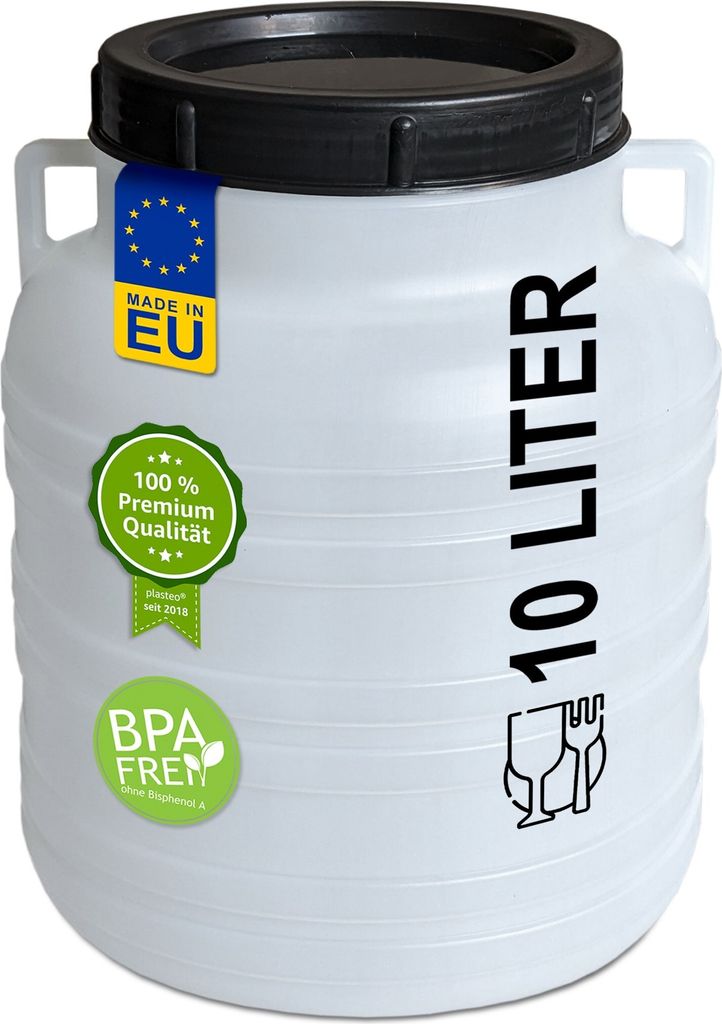 plasteo 10 Liter Weithalsfass natur mit Deckel und Griffen, Lebensmittelecht BPA-Frei Campingtonne Sauerkrautfass Futtertonne Schraubdeckelfass