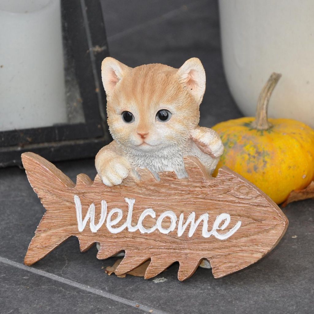 Gartenfigur Dekofigur Katze Willkommen Produktbild 