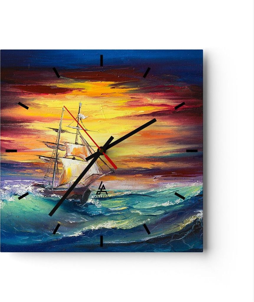 Wanduhr - Quadrat - Glasuhr - Meer Welle Boot - 40x40cm - Schleichendes Uhrwerk - Lautlos - zum Aufhängen bereit - Dekoration Modern - Wanddekorat...