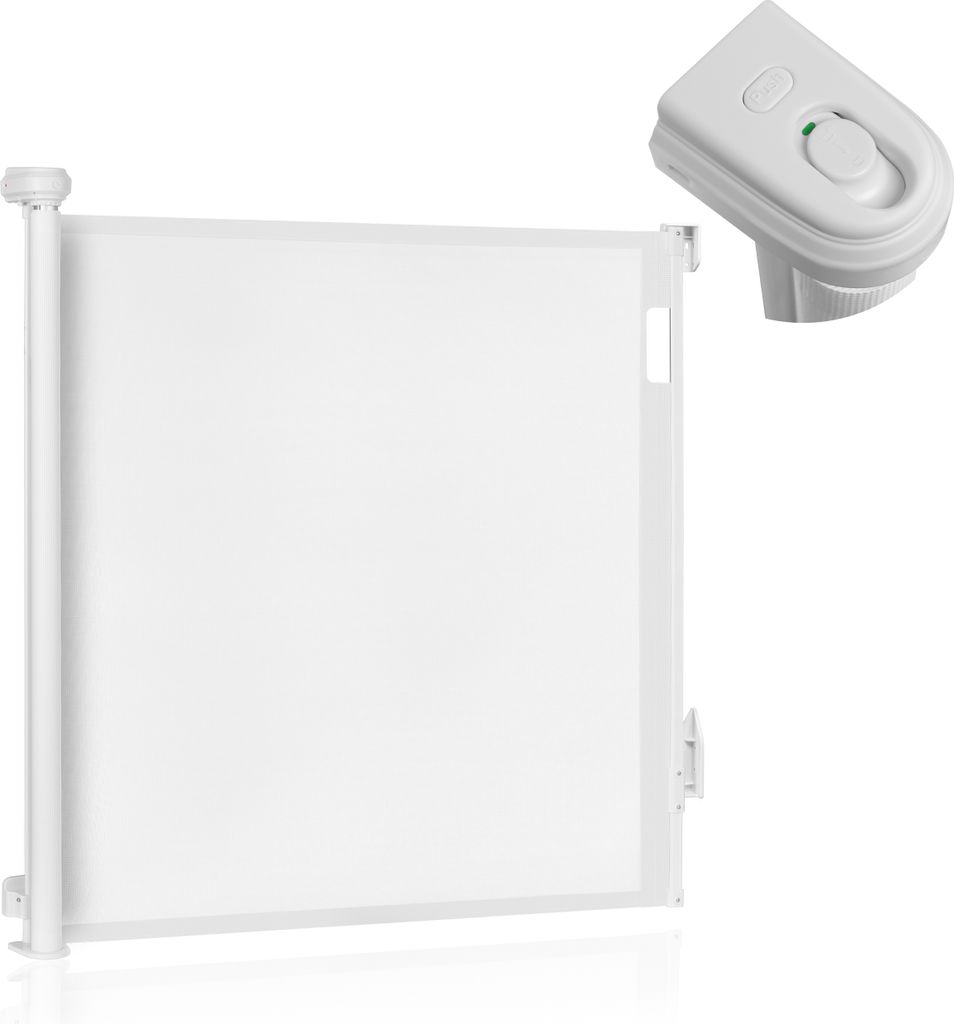A white retractable baby gate and a white remote control are shown against a white background.