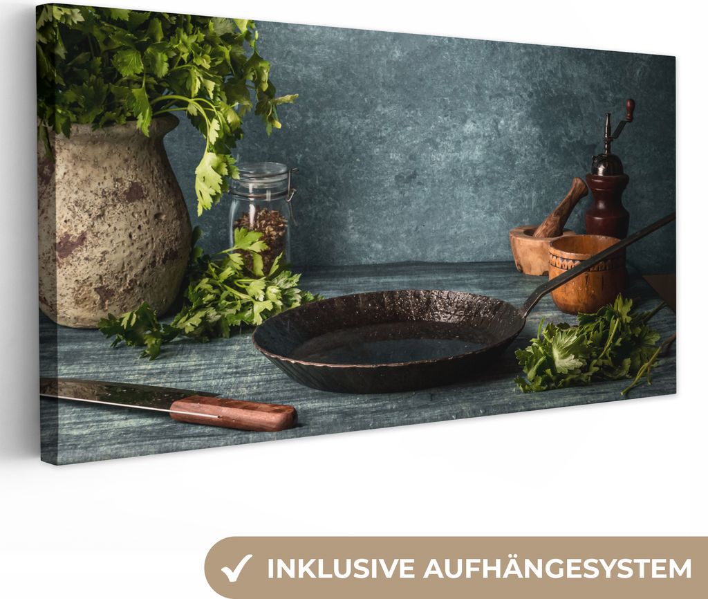 MuchoWow - Leinwandbilder - Kräuter - Gewürze - Pfanne - Messer - Grau - Rustikal, Wandbild, Wanddeko Bilder Wohnzimmer, 40x20 cm