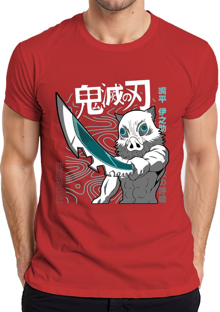 Inosuke Dämonenjäger Anime Ebermaske Schwert Manga Fan Geschenk Herren T-Shirt, Rot, 3XL