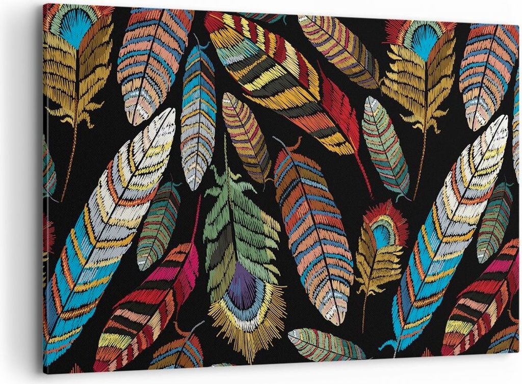 Bild auf Leinwand - Leinwandbild - Einteilig - Federn Bunt Stickerei - 120x80cm - Wand Bild - Wanddeko - Wandbilder - Leinwanddruck - Bilder - Wand...