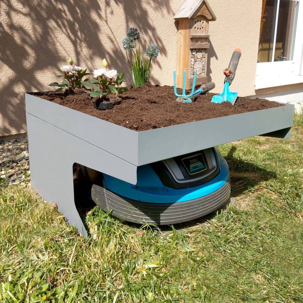 Mähroboter-Garage mit Pflanzkasten MCW-G60, Dach Unterstand für Rasenmäher, Metall 37x60x70cm grau