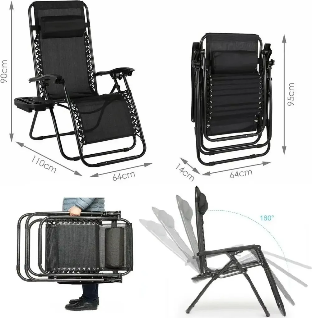 Chaise Longue Pliable Zero Gravity Noire en Acier - Pack Duo Confortable - 2