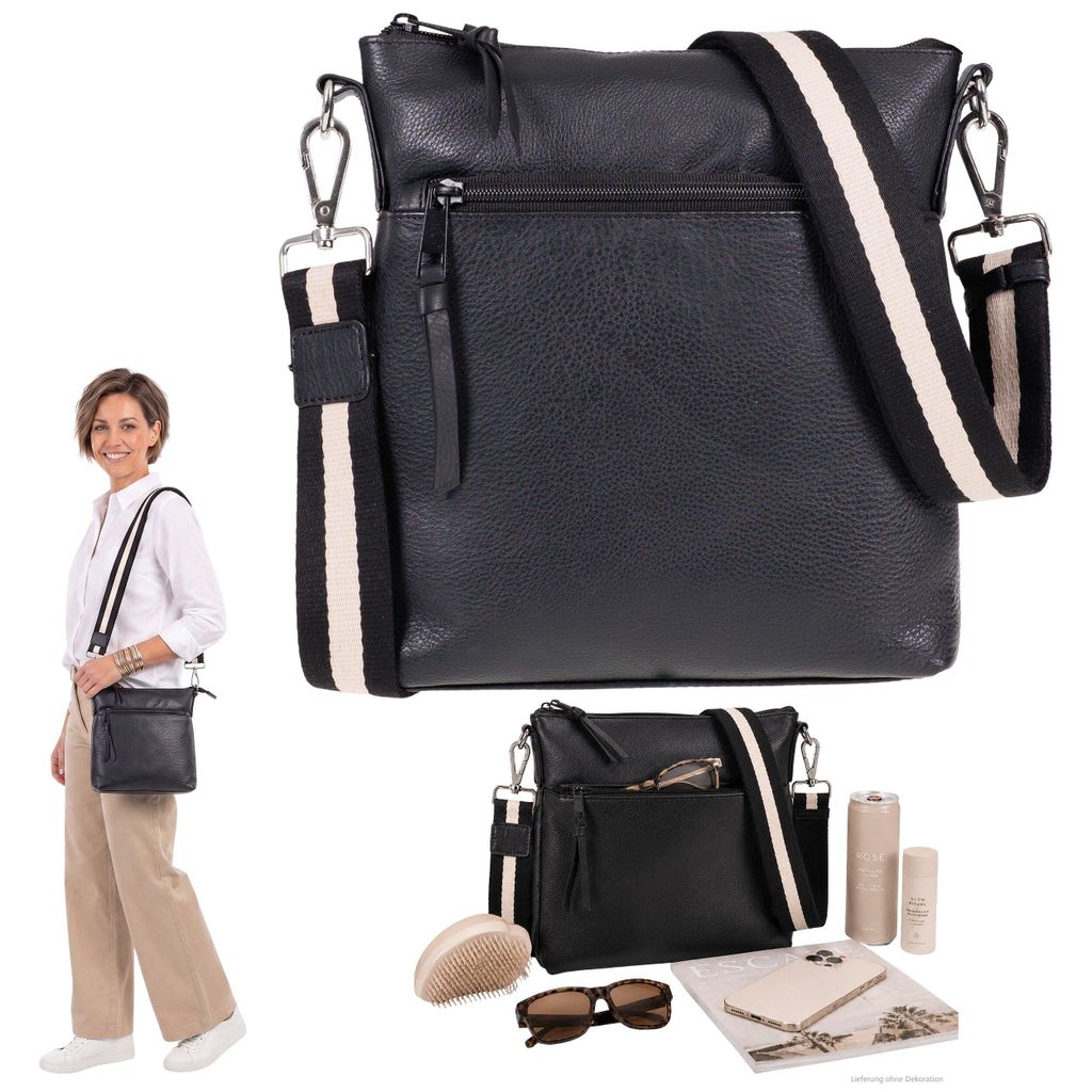 Handtasche Leder Damen Tasche Echtleder Umhängetasche Lederhandtasche Bag Schultertasche Ledertasche Alessandro Salvatore Torino 12978 Schwarz + Etui