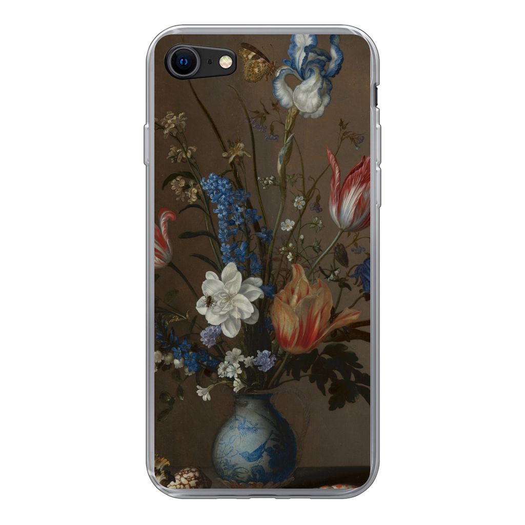 MuchoWow Handyhülle Schutzhülle Hülle für iPhone SE 2020 Blumen in einer Wan-Li-Vase und Muscheln - Gemälde von Balthasar van der Ast Siliko...