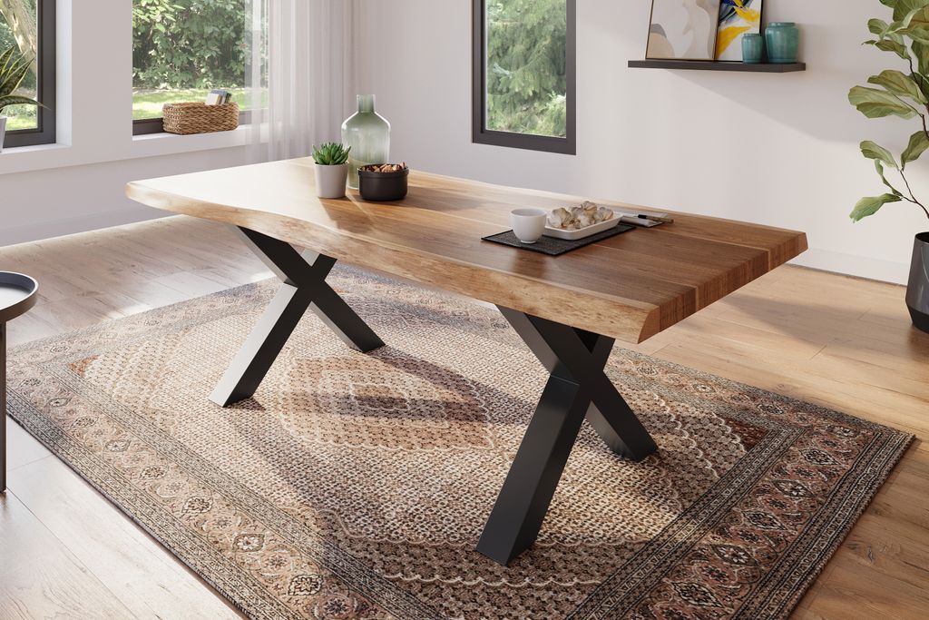 Esstisch 240 x 100 cm Akazie massiv natur Baumkantentisch X-Gestell schwarz ATLAS