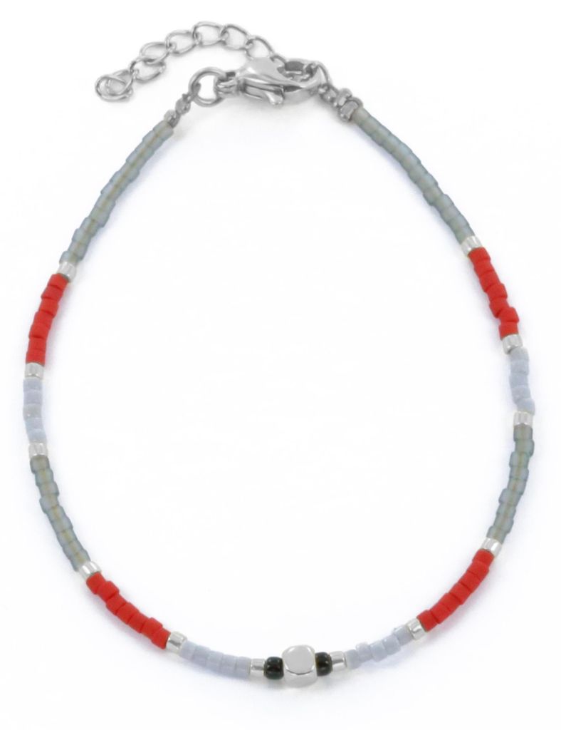 CO88 Collcetion 8CB-91179 Kralenarmband met Miyuki Kralen - 16+3cm - Grijs en Rood - Zilverkleurig