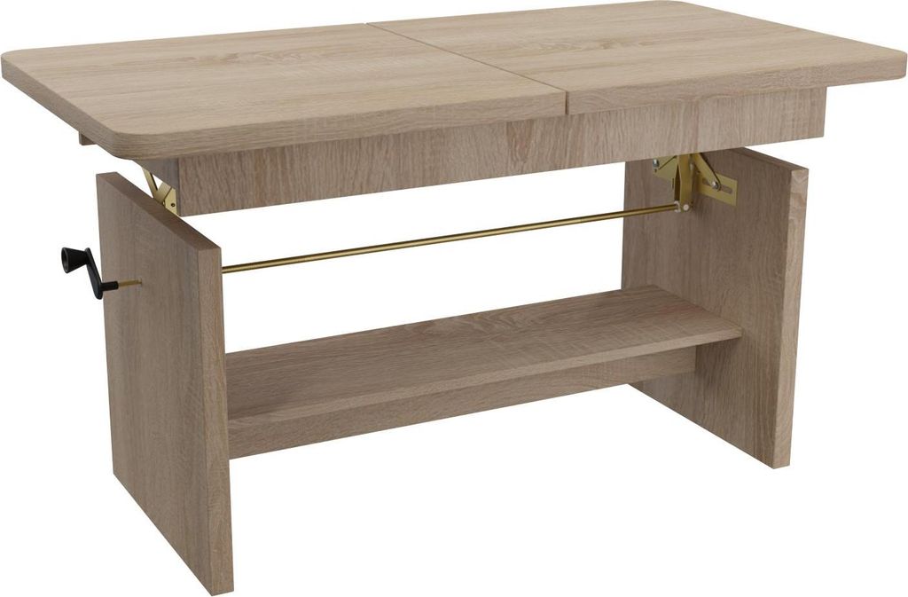 A light brown wooden coffee table with a shelf and a crank mechanism to adjust its height.