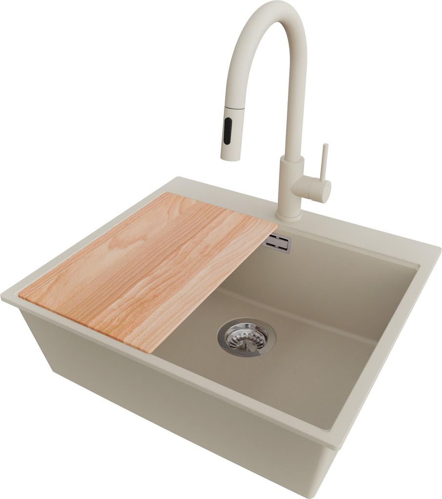 PRIMAGRAN Granitspüle Beige 58x50cm, Spülbecken 1 Becken + Küchenarmatur 40x20cm + Ablauf-Set + Schneidebrett, Küchenspüle ab 60er Unterschran...