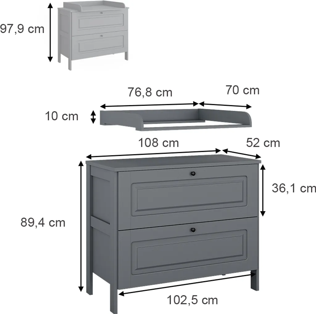 Table à langer avec tiroirs de rangement Vitalispa Ajaton Gris 108cm - 3
