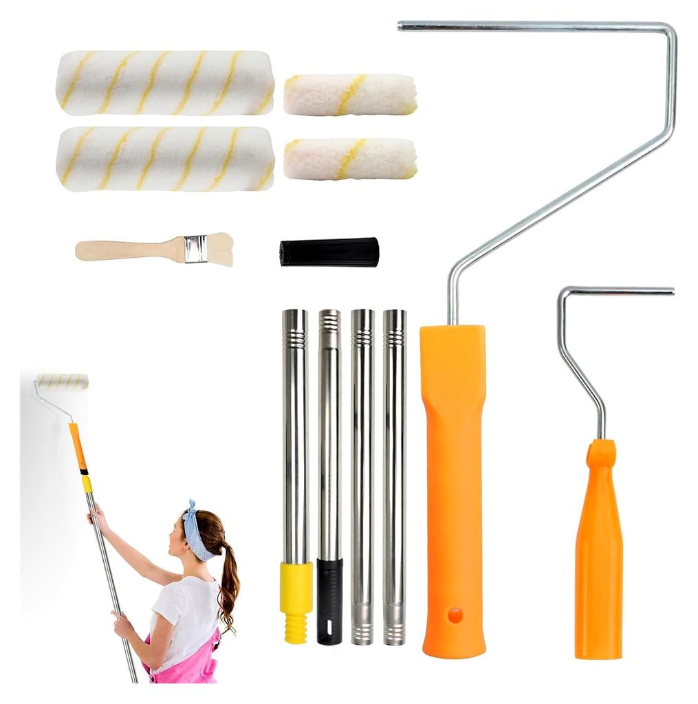 Farbroller Set mit 4''/9" Rollenhalter, 4 x 30cm Aluminium-Teleskopstangen, 4 Rollenhülsen und 1 Pinsel