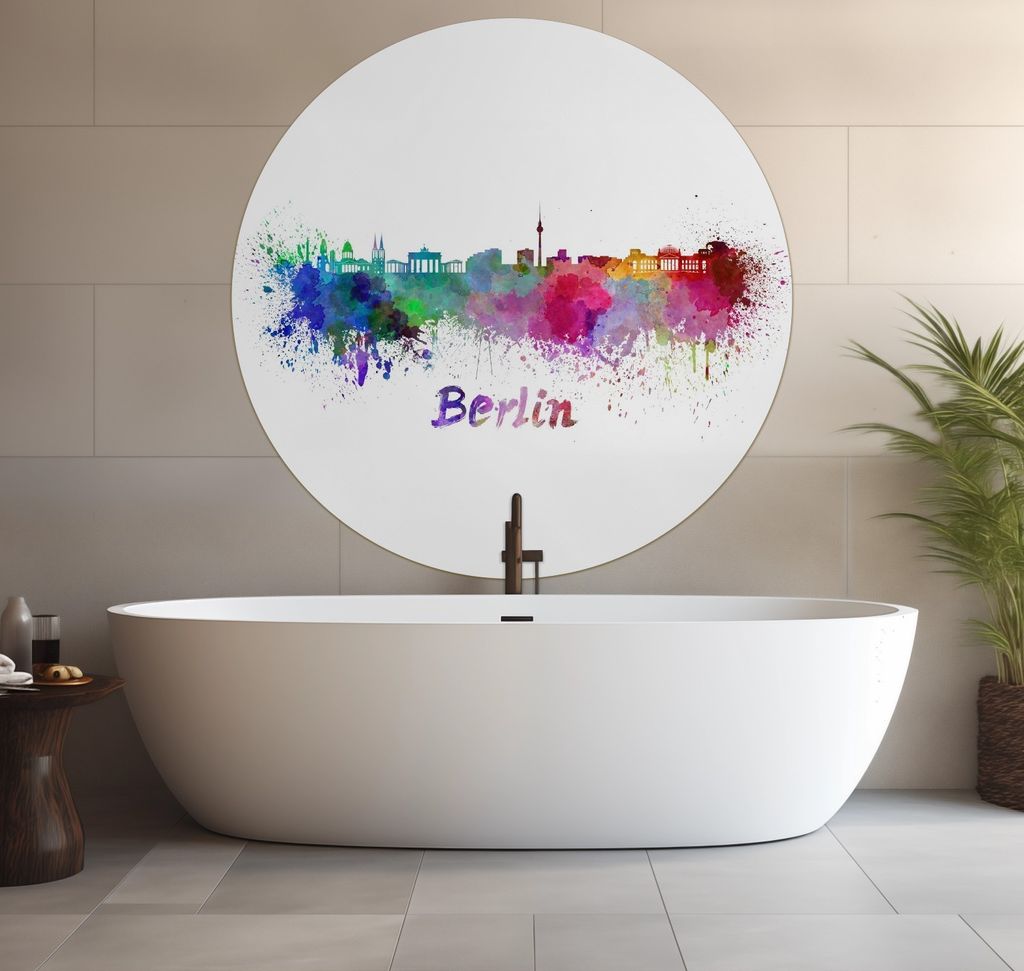 Wallario wasserfestes Poster selbstklebend 120 x 120 cm, Städte als Aquarell - Skyline von Berlin, Badezimmerposter Spritzschutz mit Hochglanzober...