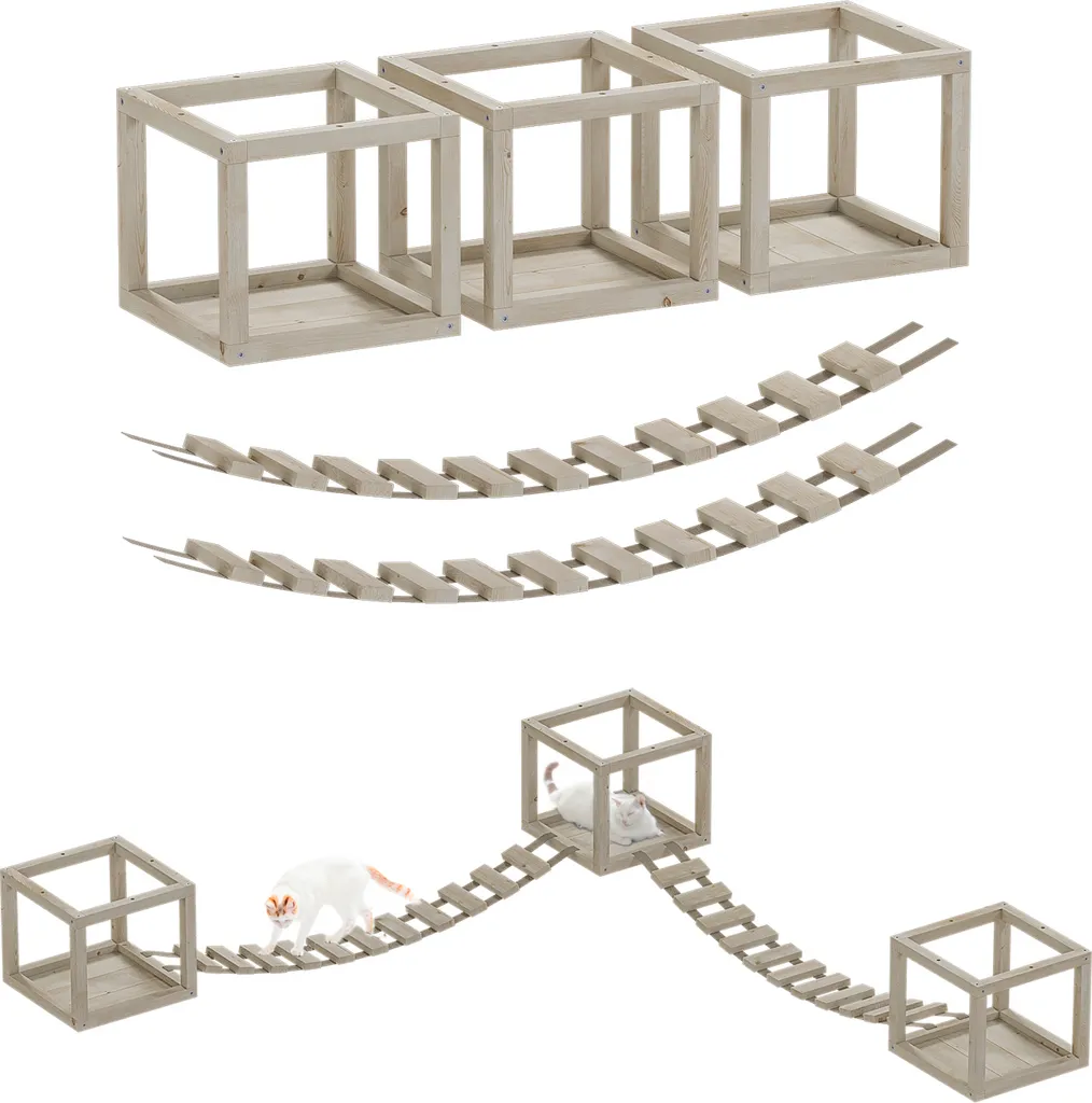 Mur d'escalade chat en bois massif QLS 11018 : 3 couchettes et 2 ponts