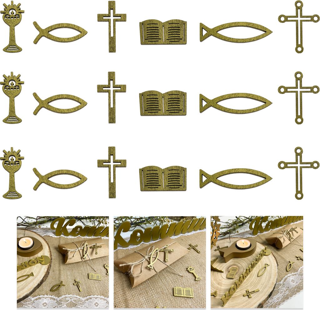 Oblique Unique Holz Konfetti 18 teilig Kreuze Fische Bücher uvm. Streudeko Tisch Deko für Taufe Kommunion Konfirmation - Echtholz gold