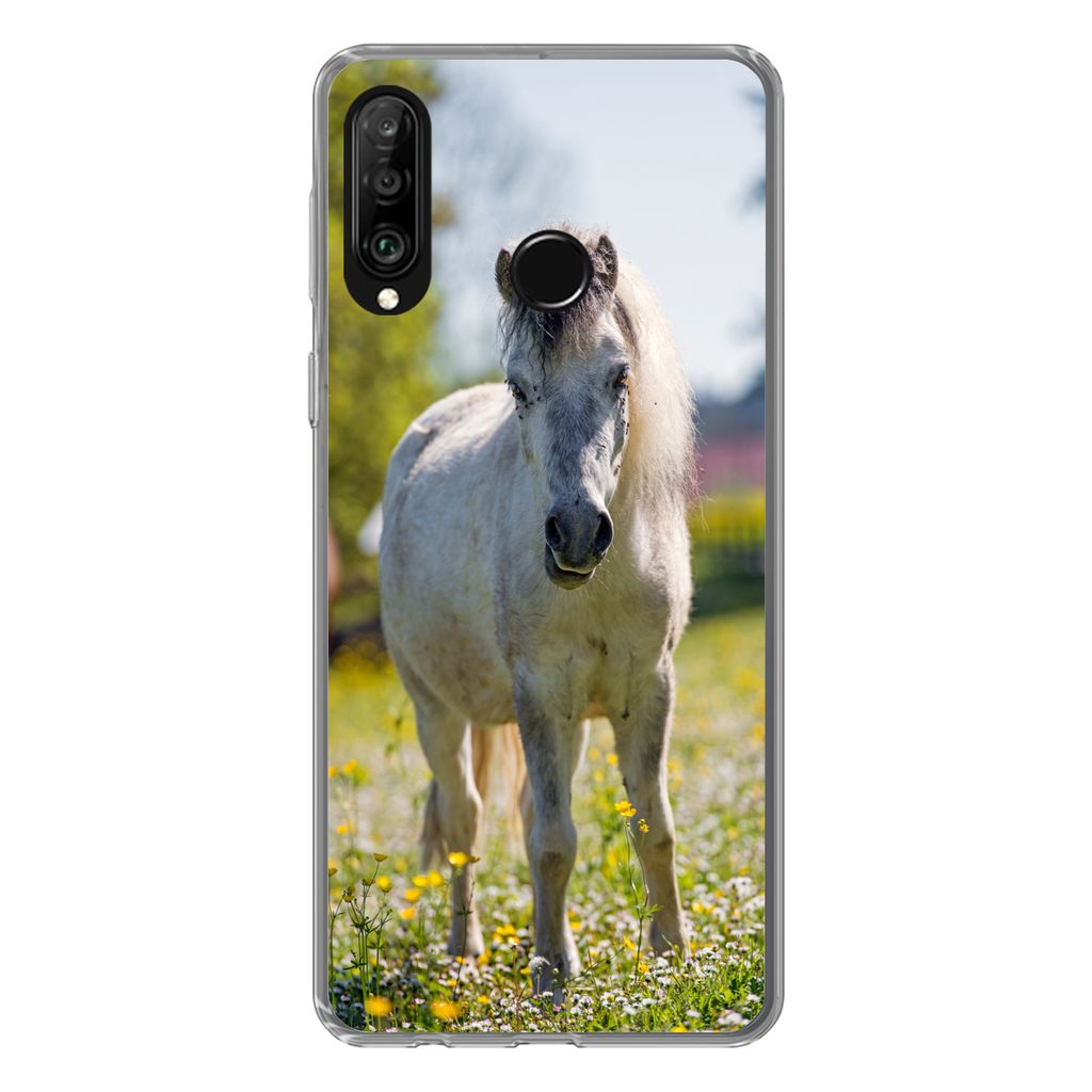 MuchoWow Handyhülle Schutzhülle Hülle für Huawei P30 Lite Pferd - Blumen - Licht Silikon Softcase Handy Hülle - Handyhülle