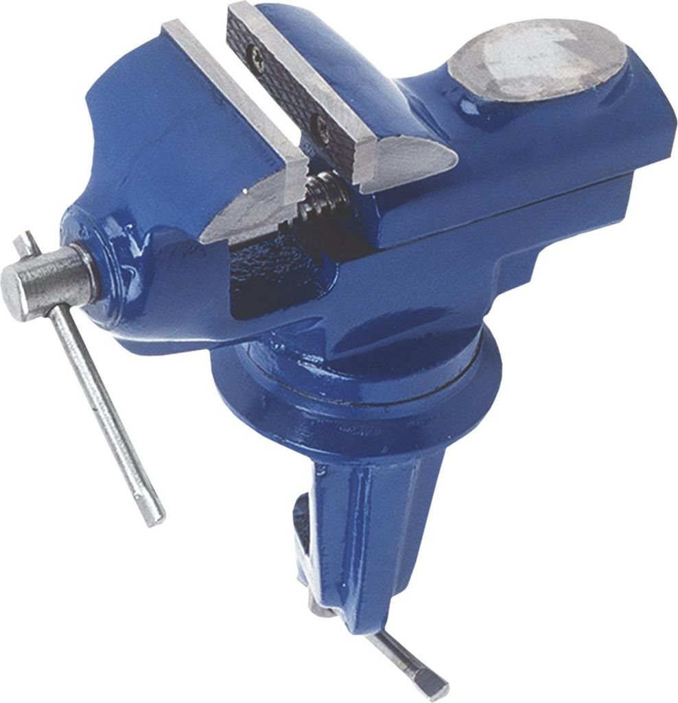 A blue metal vise with a silver handle and clamp is shown against a white background.