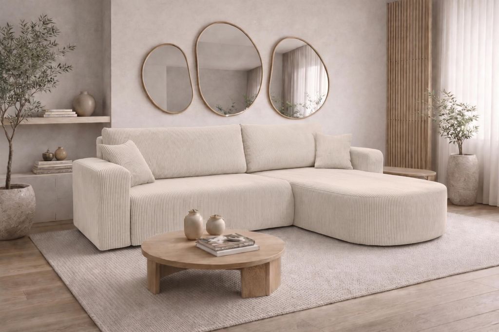 Kaiser Möbel Ecksofa mit Schlaffunktion, Cordstoff Poso, Beige, Rechts, ROUND ONE XL