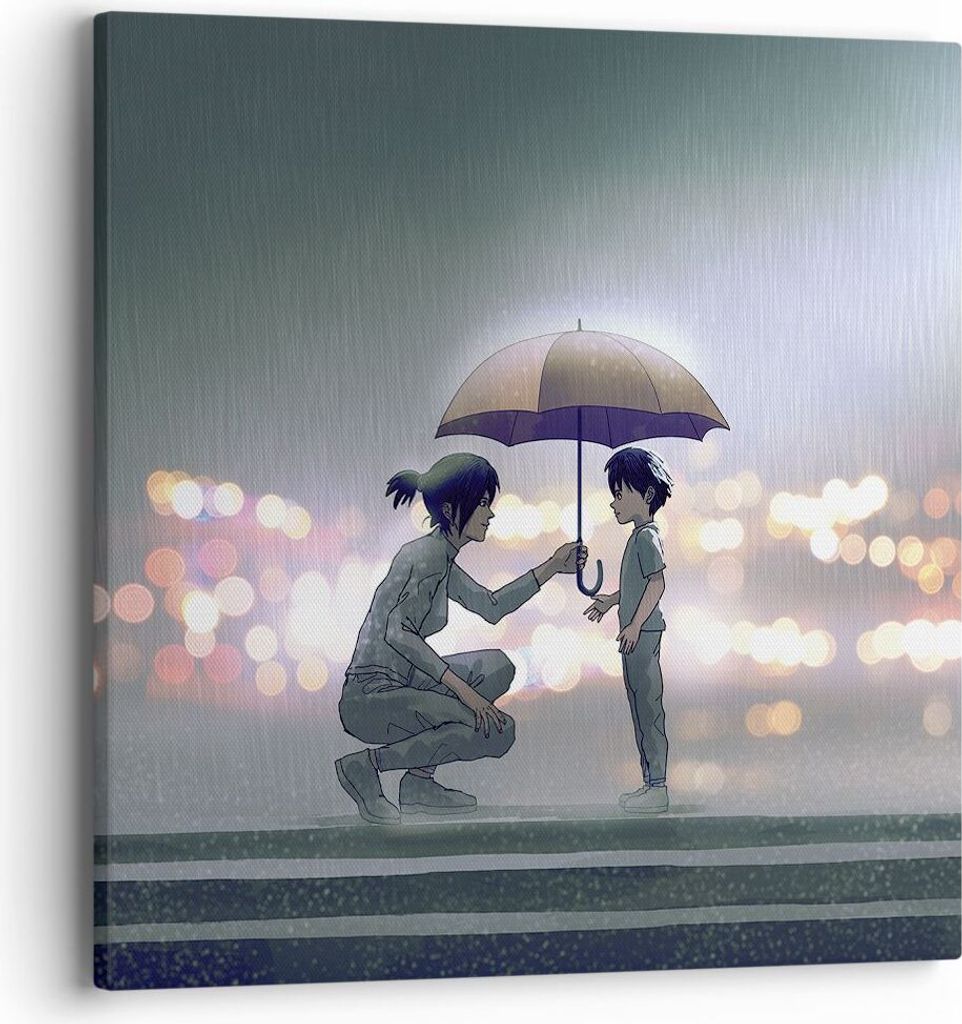 Bild auf Leinwand - Leinwandbild - Einteilig - Manga Regenschirm Hilfe - 40x40cm - Wand Bild - Wanddeko - Wandbilder - Leinwanddruck - Bilder - Wan...