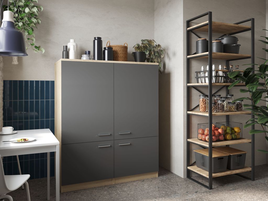 Haushaltsschrank Besenschrank Schrank 120 cm Eiche Sägerau Grau Merle Respekta