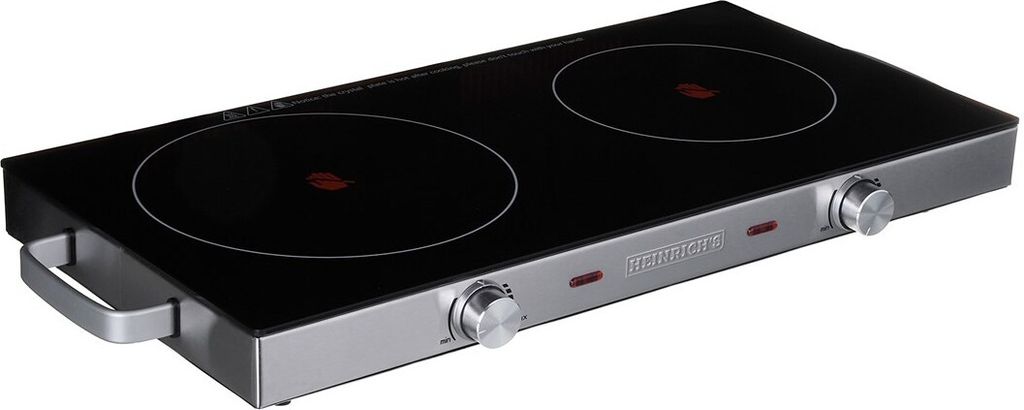 A two-burner electric cooktop with a black glass surface and silver base.