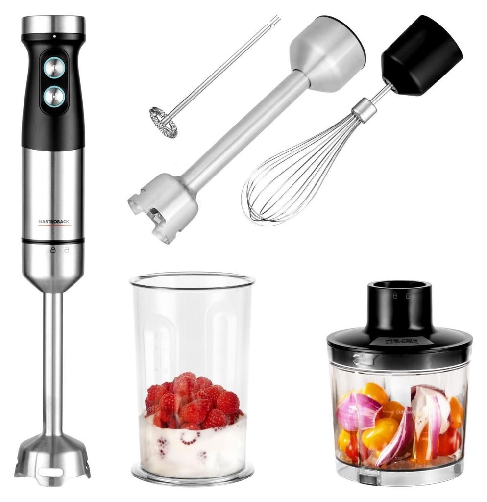 A set of kitchen appliances including an immersion blender, whisk attachment, chopper attachment, and blending cup.