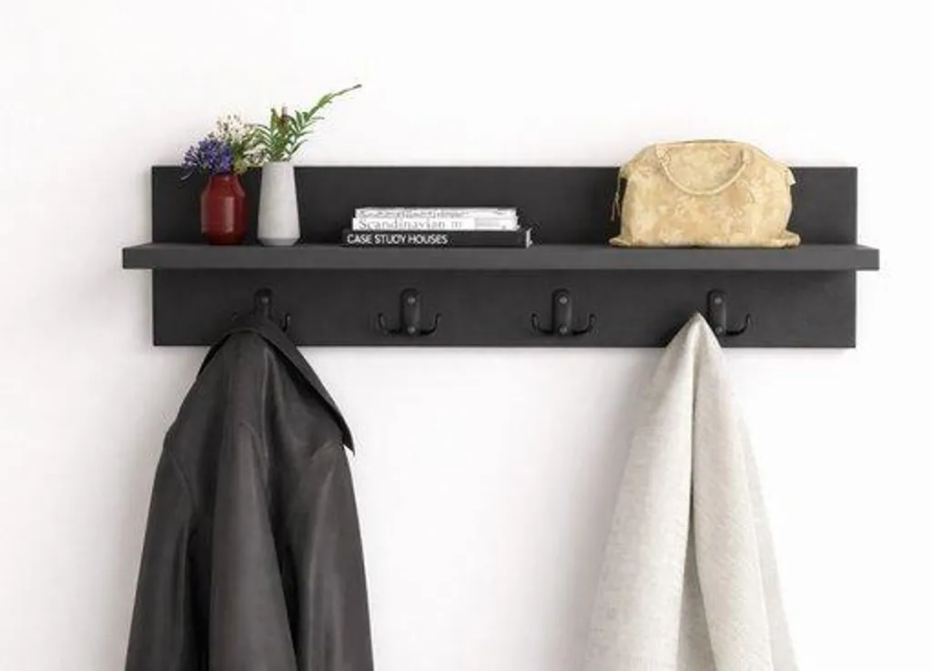 Portemanteau mural 60 cm anthracite : 4 crochets doubles et tablette bois